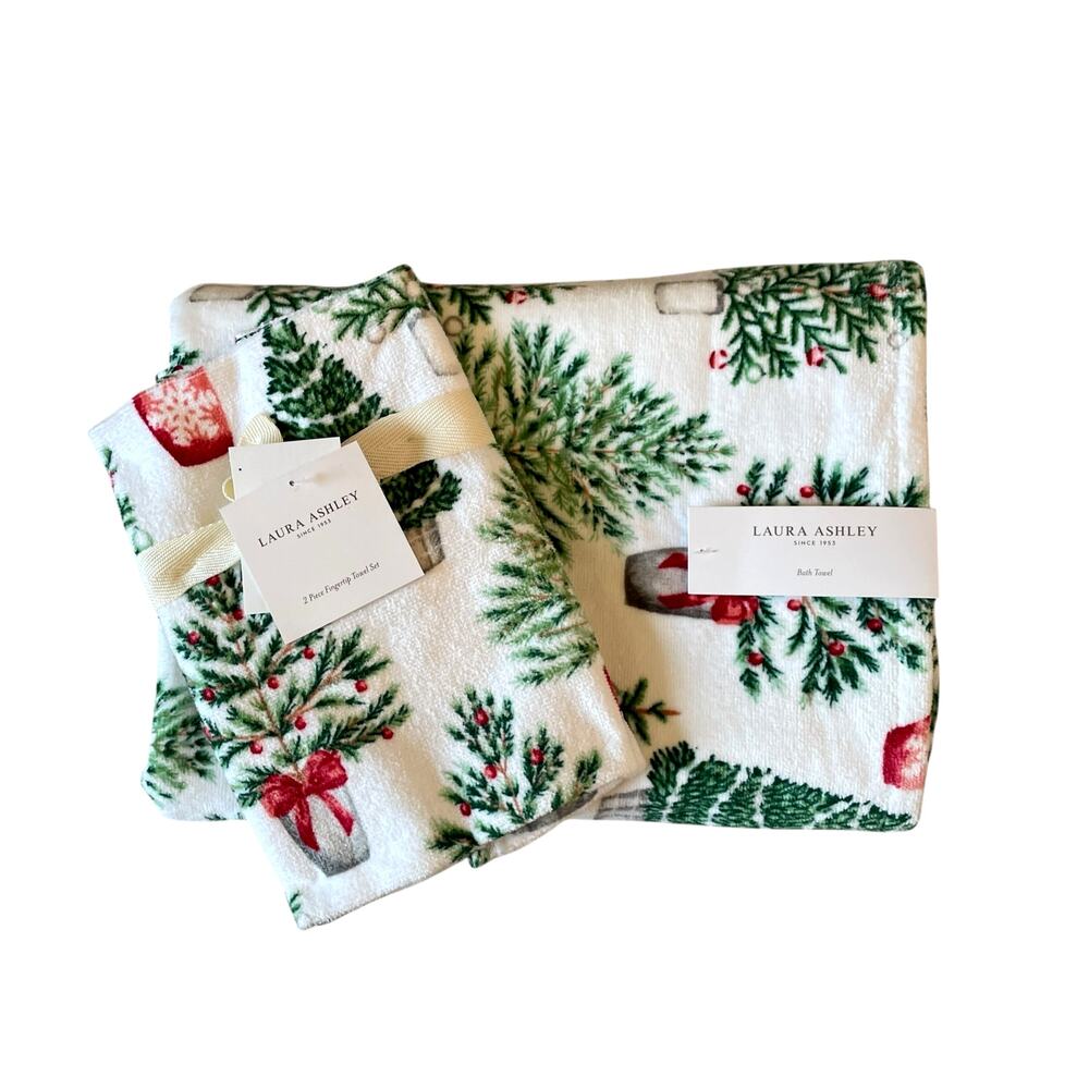 4pc Laura Ashley Christmas Tree Towel Set 2 Finger Tip 2 Bath Cotton New